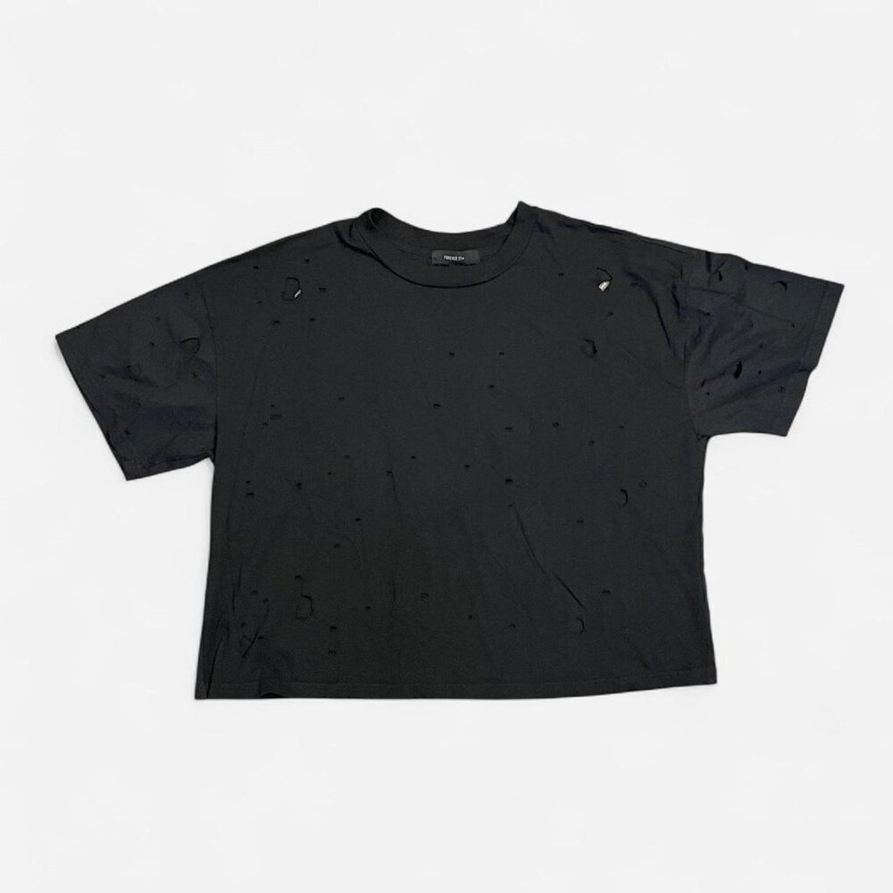 women's oversized black crewneck short sleeve cropped distressed tee